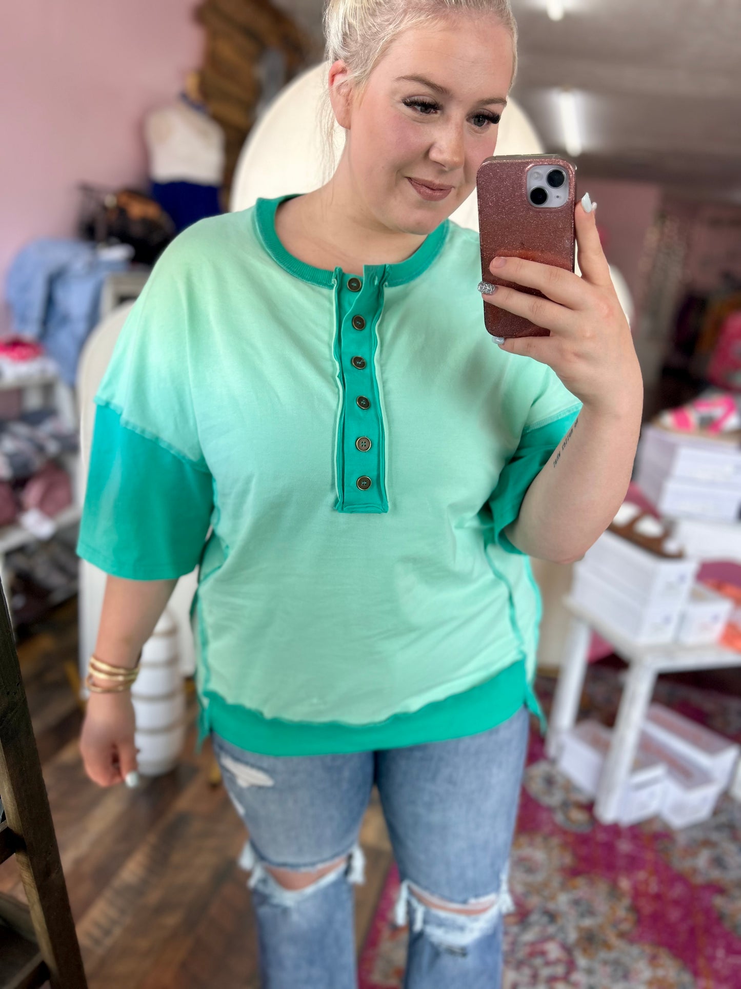 Kelly Green Split Hem Button Top