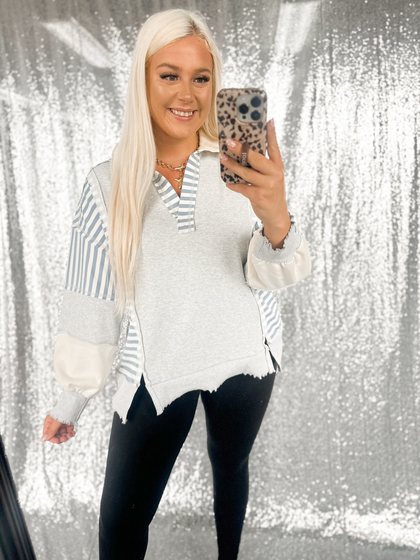 Oversized Heather & Blue Striped Colorblock Top