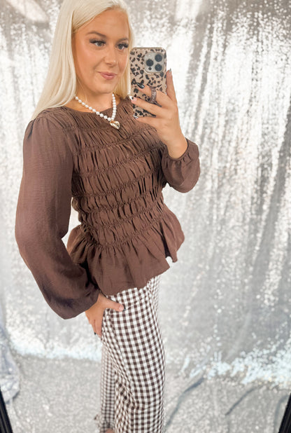 Brown Ruched Babydoll Top