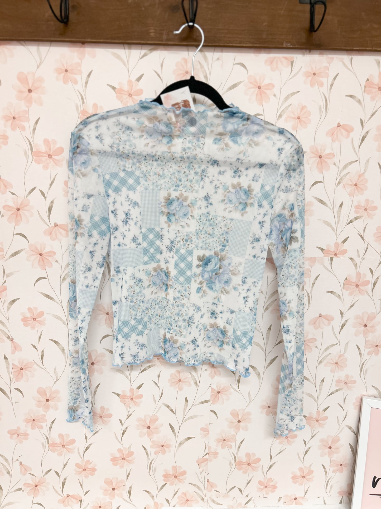 Blue Patchwork Mesh Top