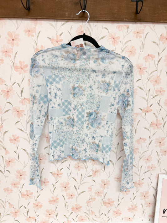 Blue Patchwork Mesh Top