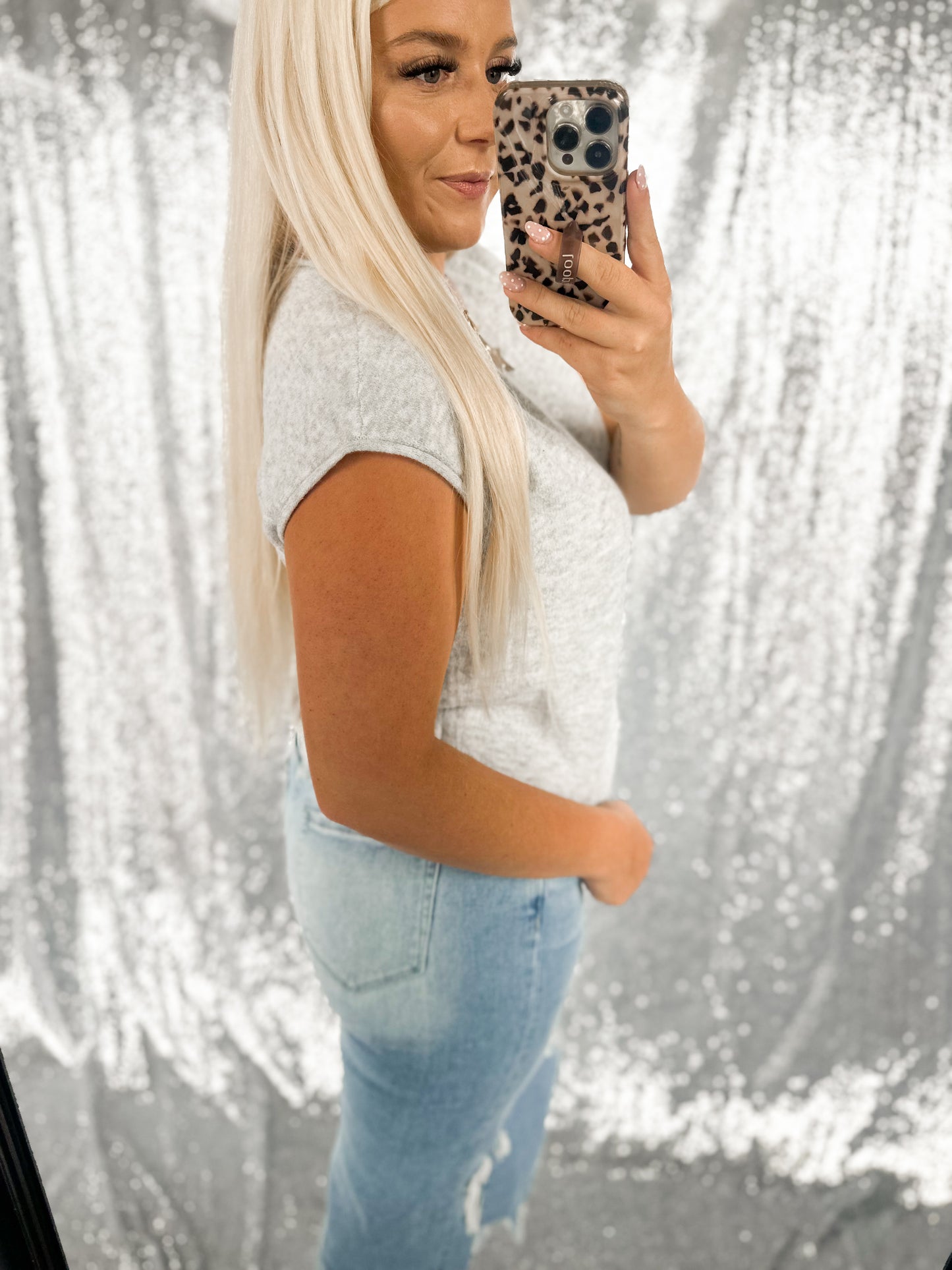 Heather Raw Hem Button Knit Top