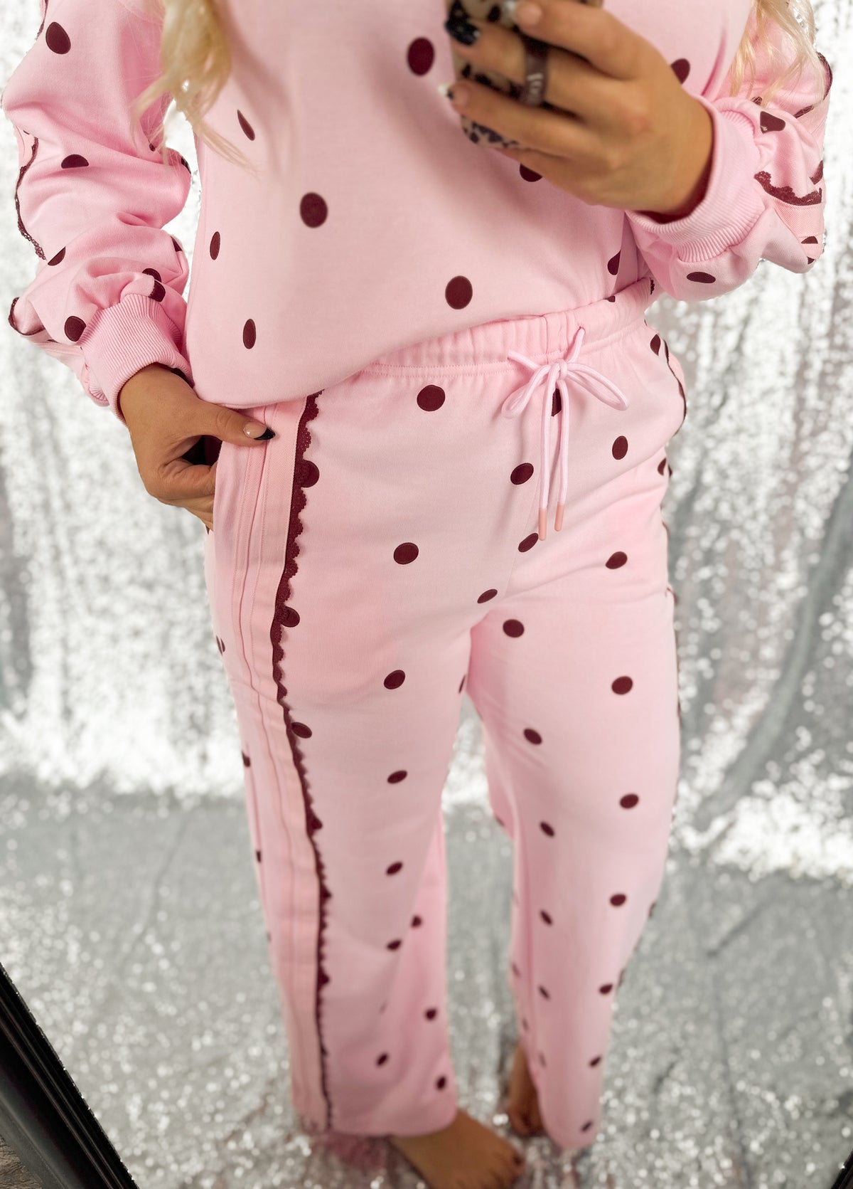 Pink & Brown Lace Polka Dot Sweatpant Set
