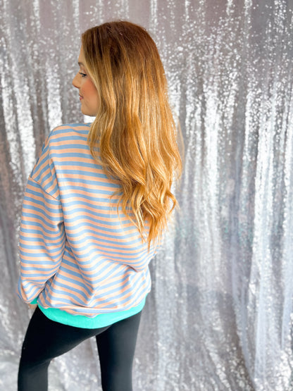 Blue & Terracotta Striped Crewneck