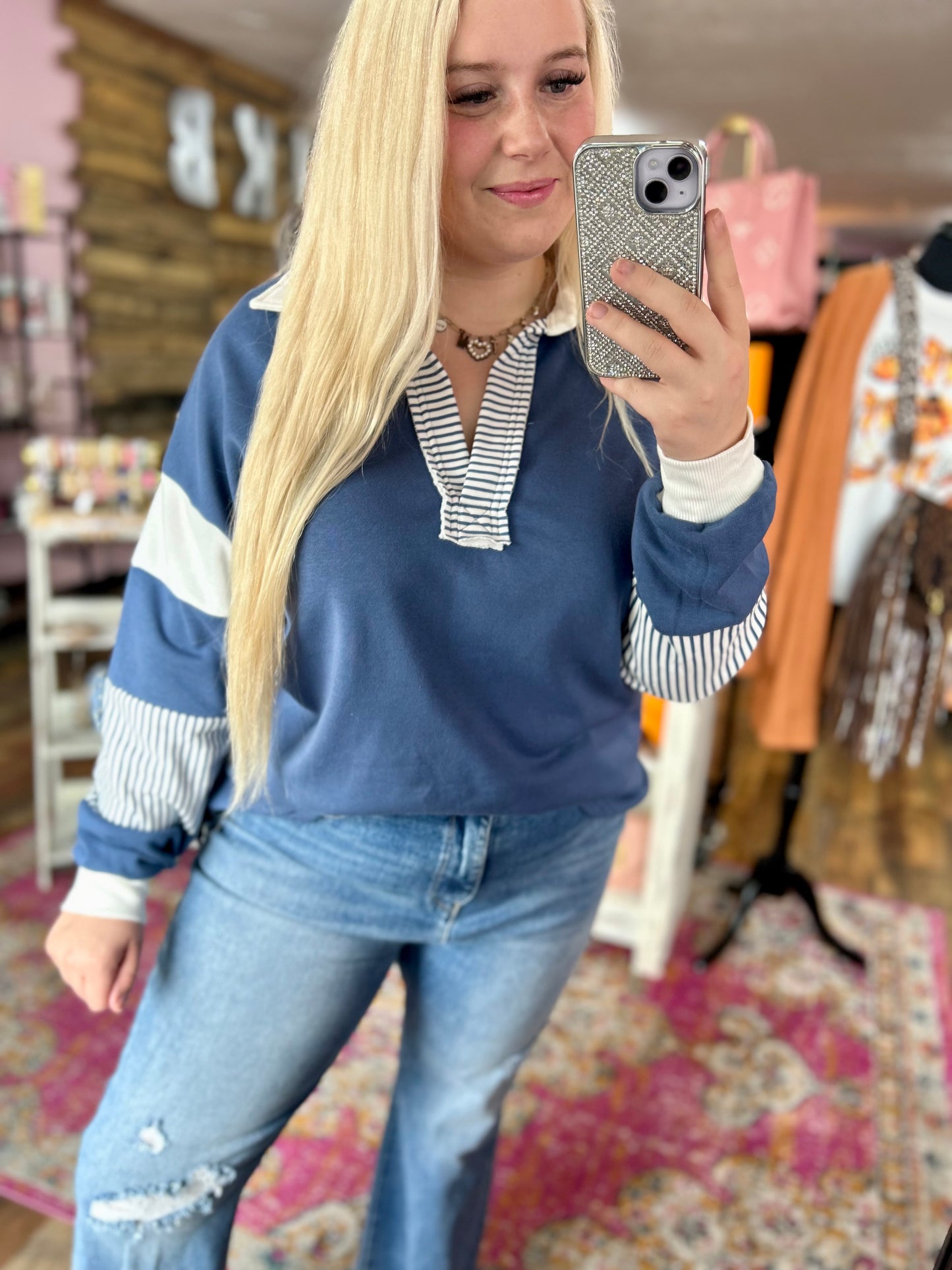 Blue Striped Colorblock Top