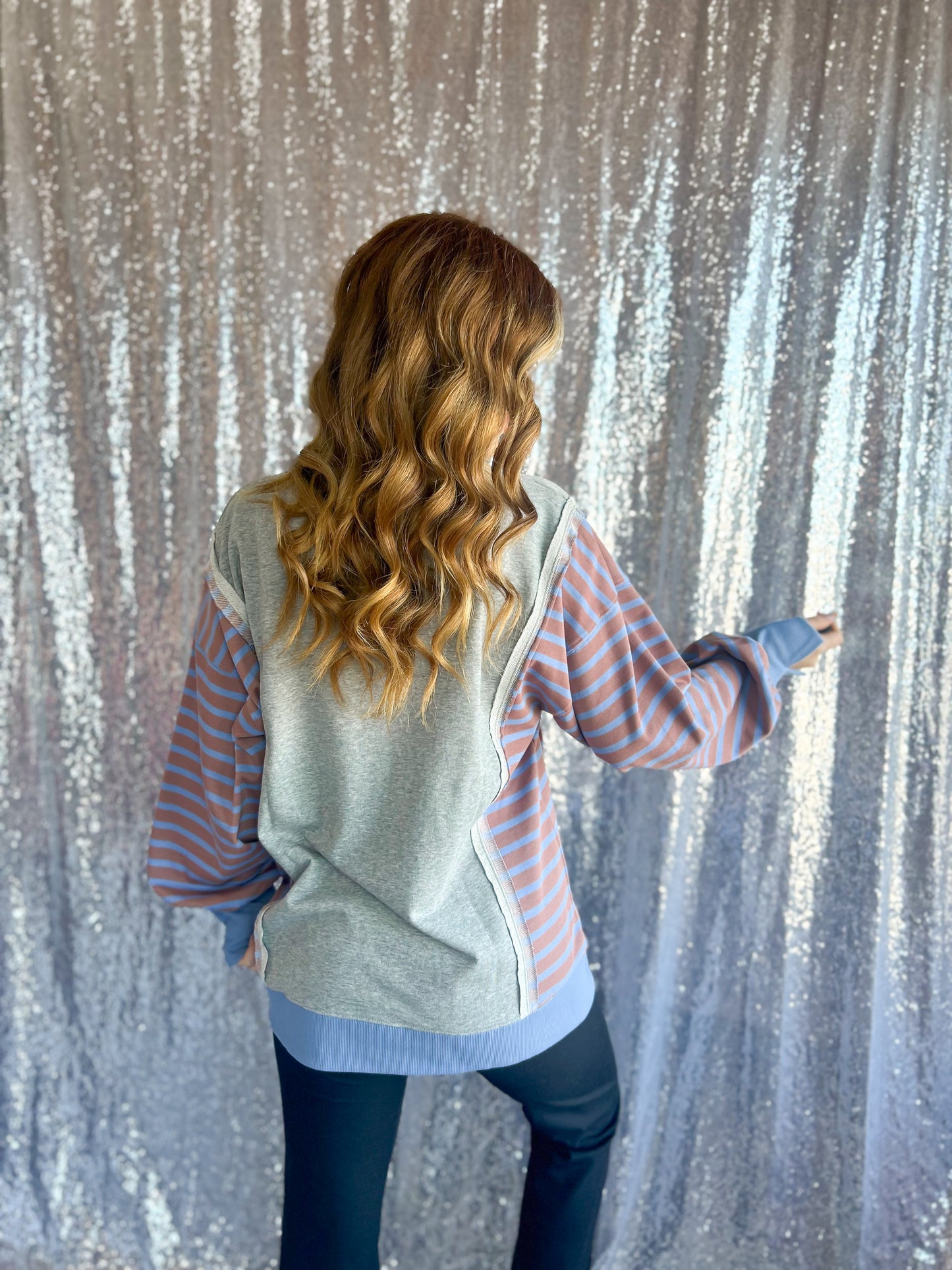 Mocha & Dusty Blue Striped Color-block Pullover