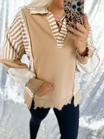 Tan & Cream Oversized Striped Top