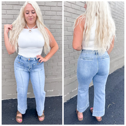 Vintage Button Pleated Light Wash Cropped Straight Denim