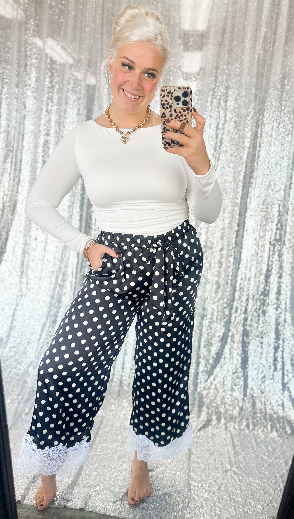 Black Polka Dot Satin Lace Pants