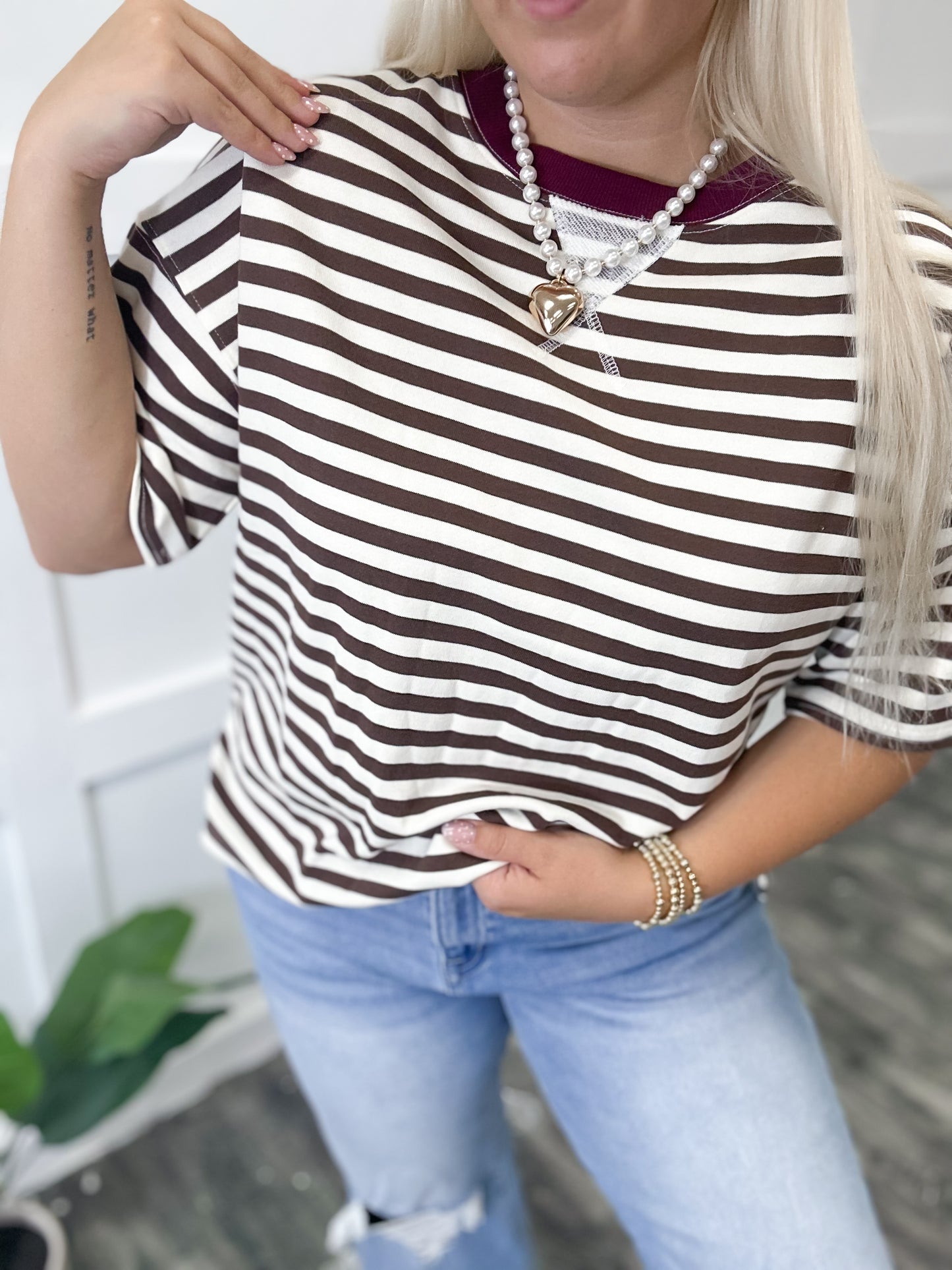 Brown & Burgundy Striped Colorblock Top