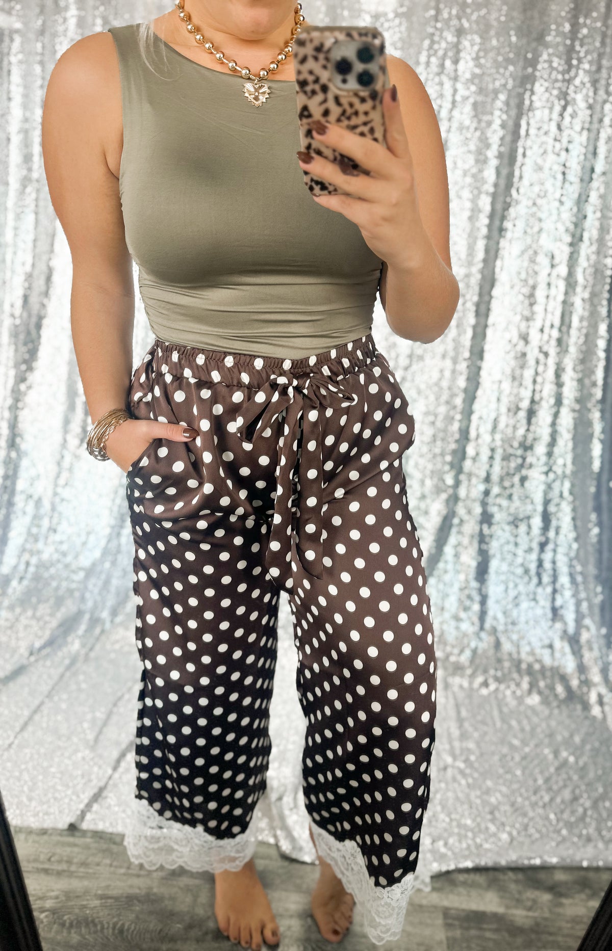 Brown Polka Dot Satin Lace Pants
