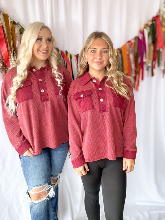 Burgundy Waffle Washed Top