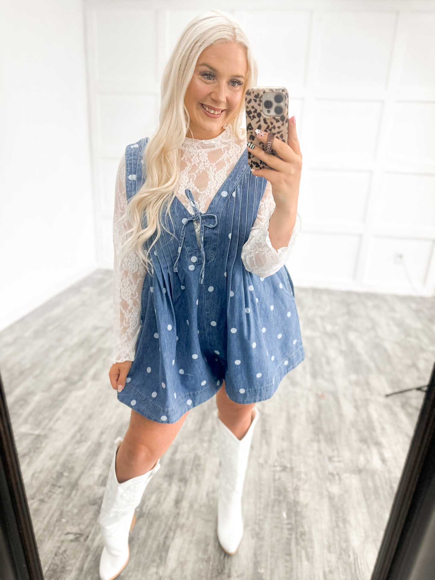 American Honey Denim Polka Dot Romper