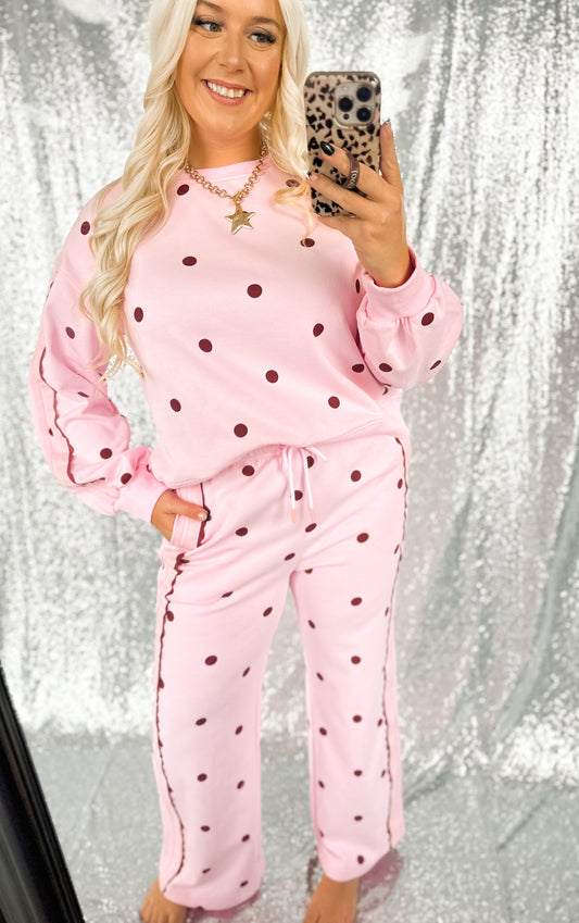 Pink & Brown Lace Polka Dot Sweatpant Set