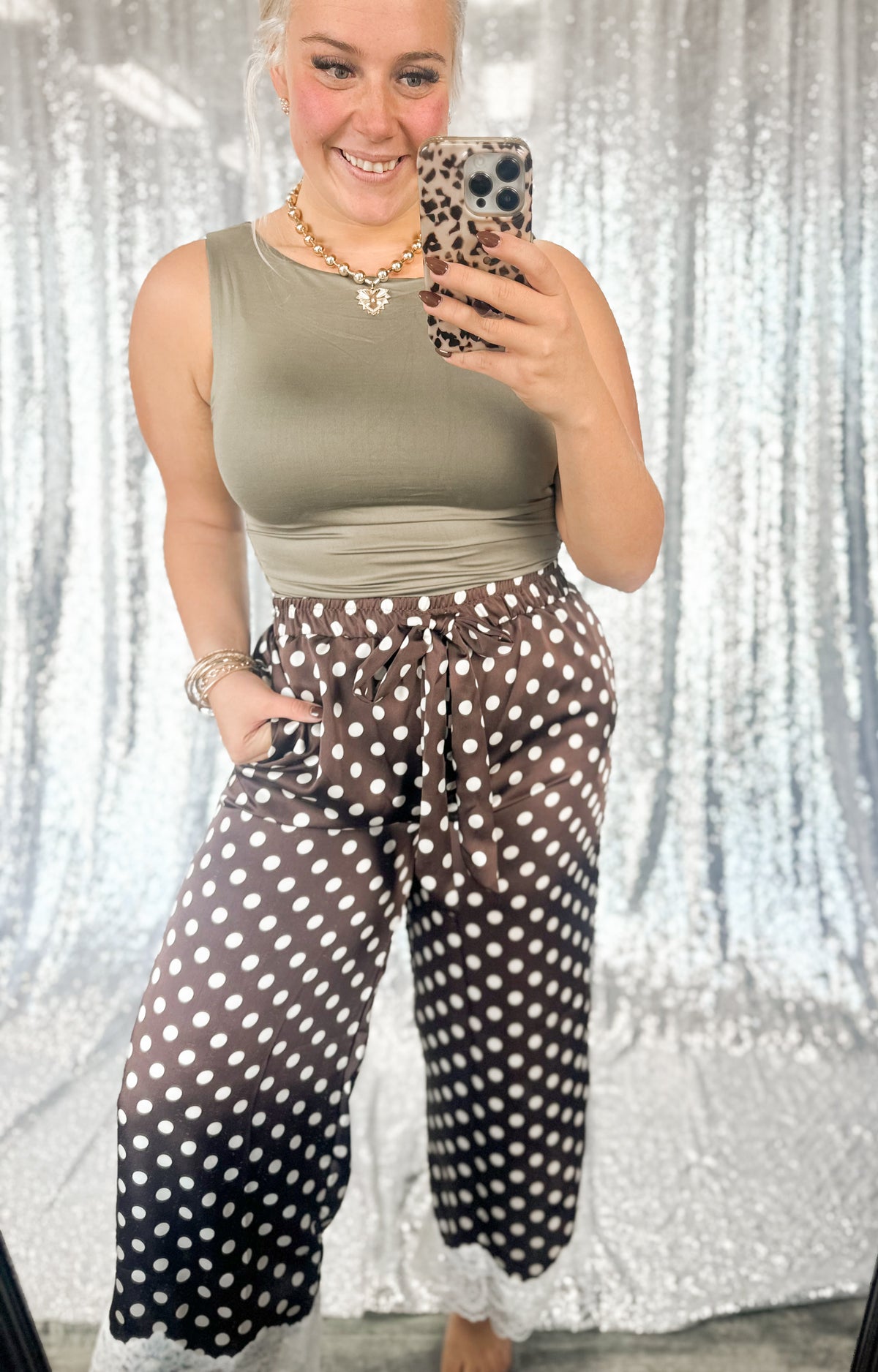 Brown Polka Dot Satin Lace Pants