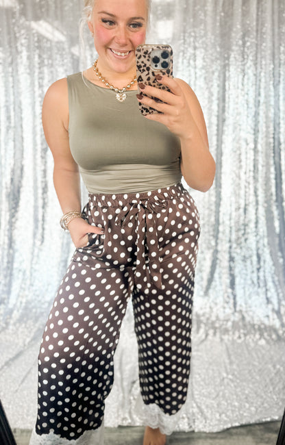 Brown Polka Dot Satin Lace Pants