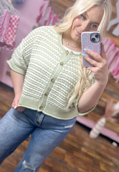 Sage Striped Knit Button Top