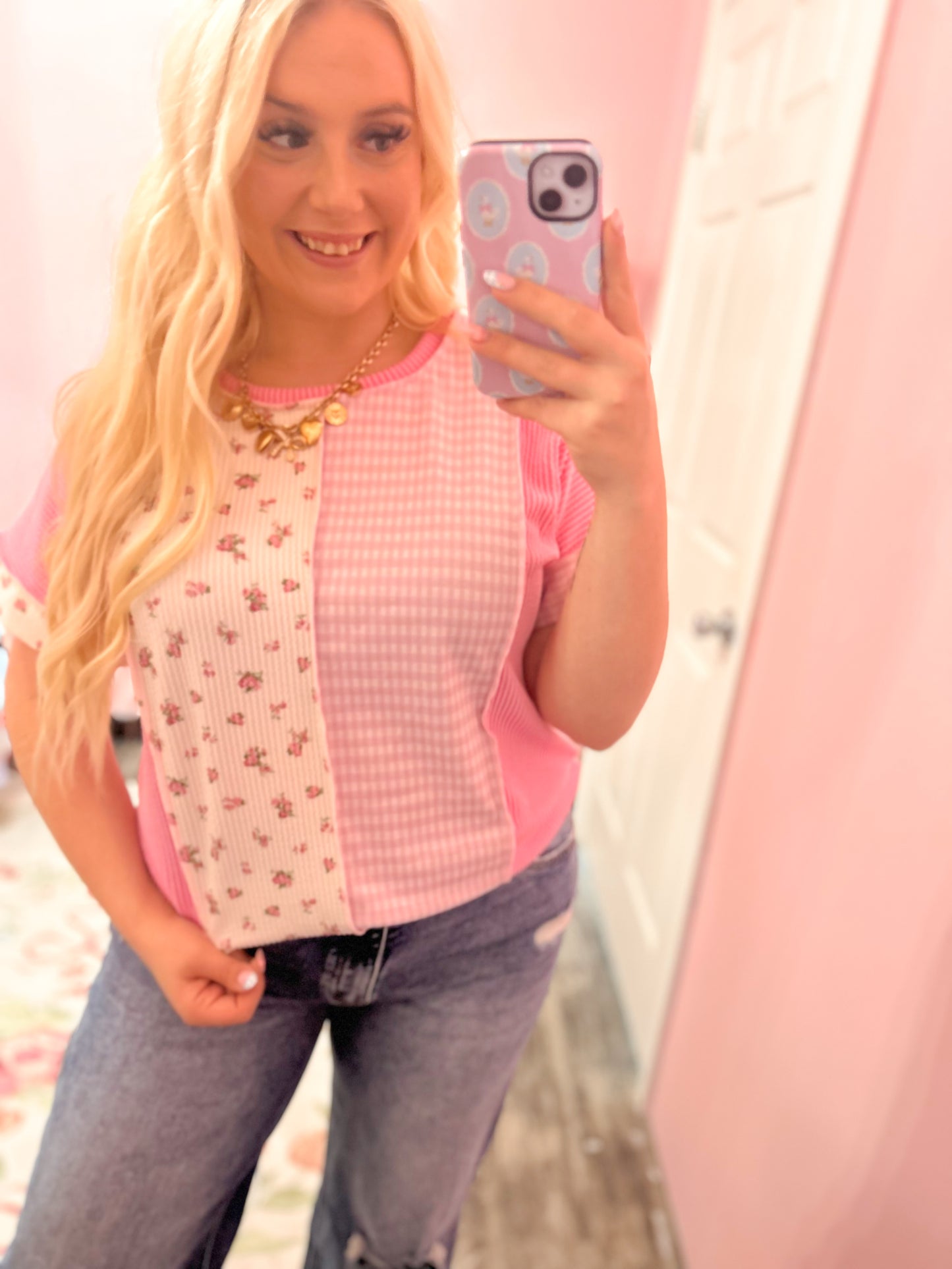 Pink Gingham Patchwork Top