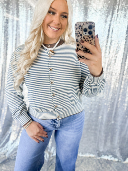 Blue & Brown Striped Button Cardigan