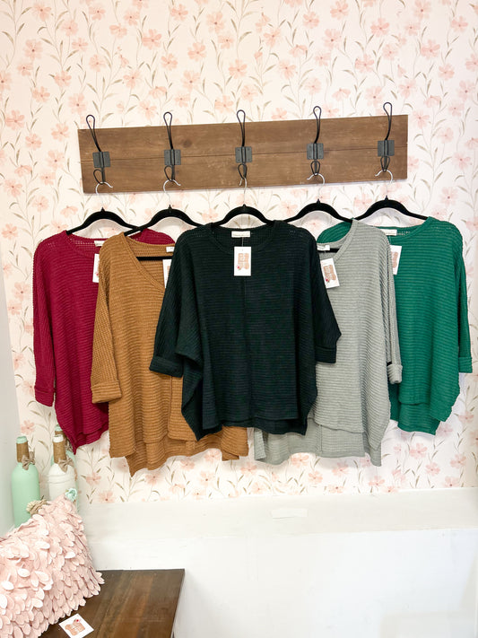 Dolman 3/4 Sleeve Waffle Tops