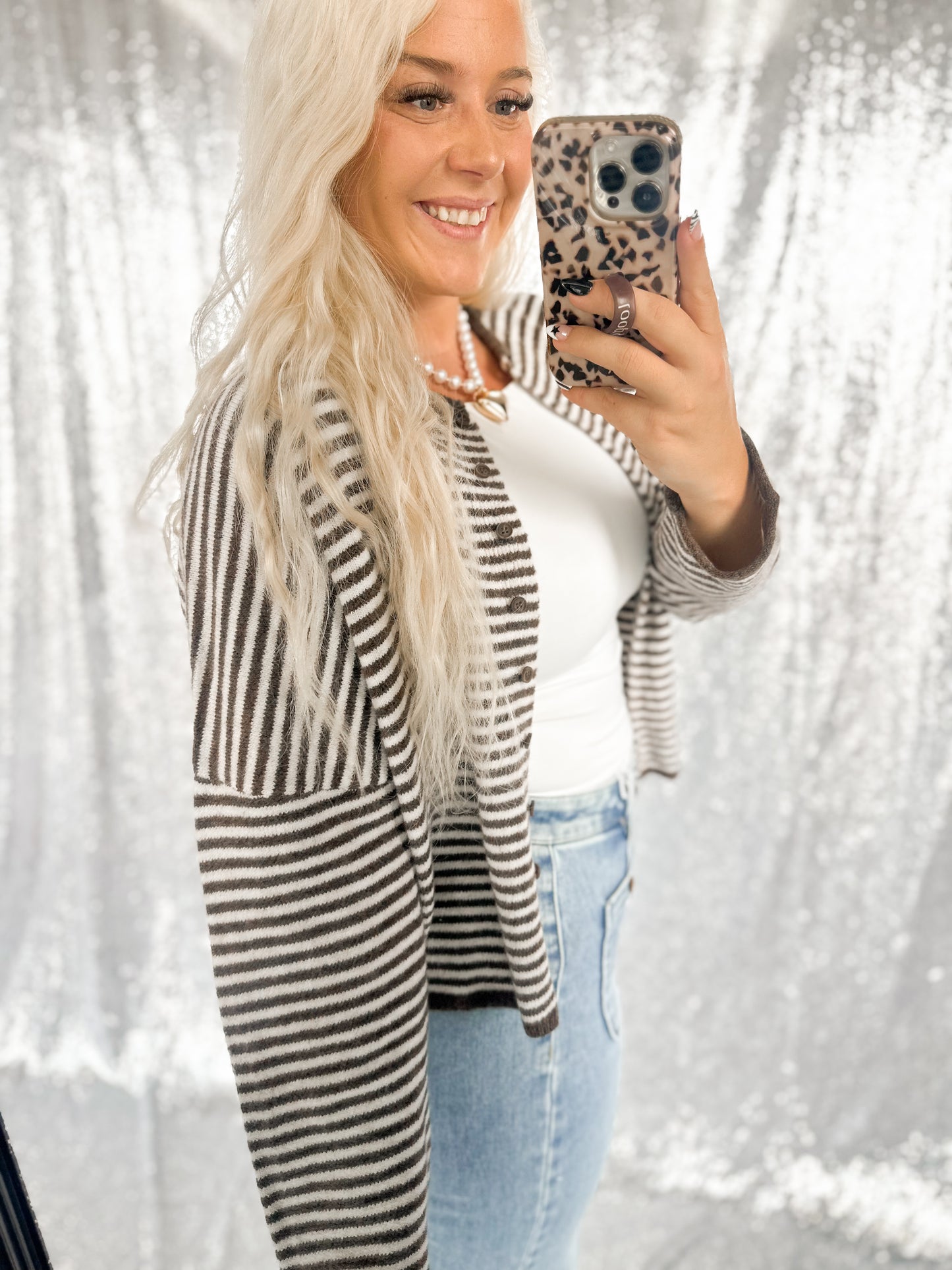 Brown Striped Raw Hem Button Cardigan
