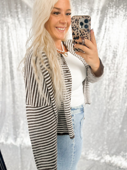 Brown Striped Raw Hem Button Cardigan