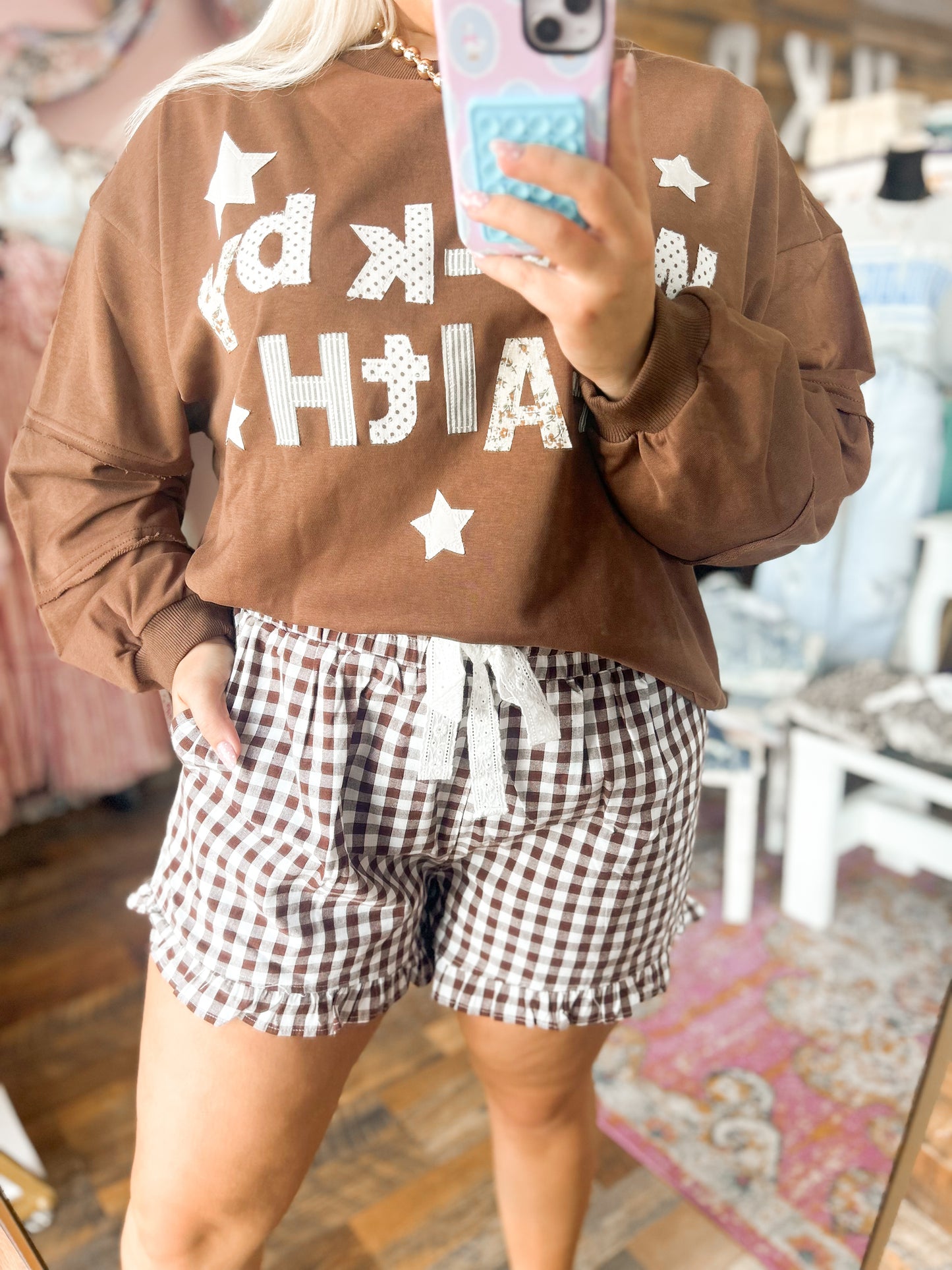 Brown Gingham Lace Tie Shorts