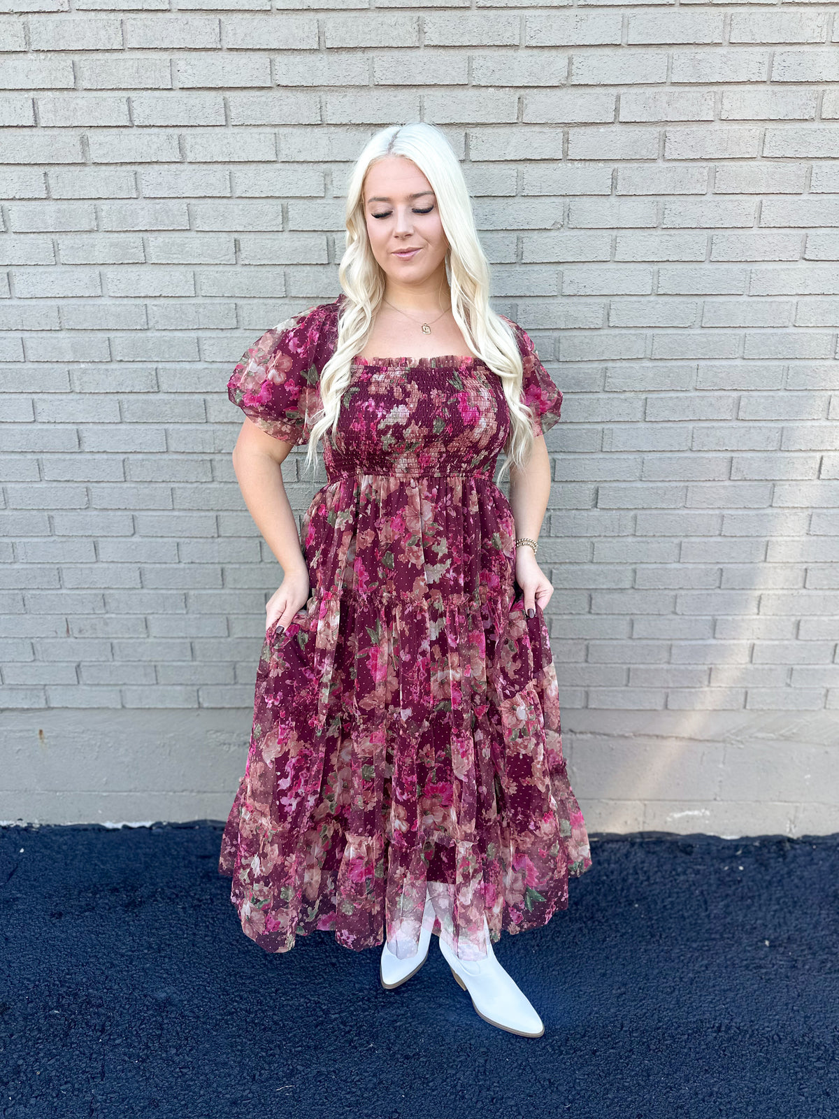 Burgundy Floral Tulle Maxi Dress