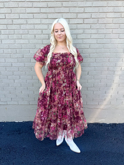 Burgundy Floral Tulle Maxi Dress