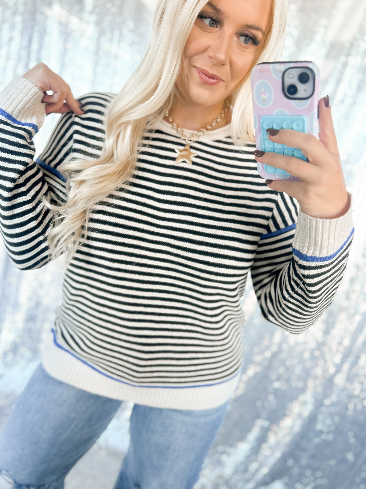 Black & Blue Contrast Striped Knit Top