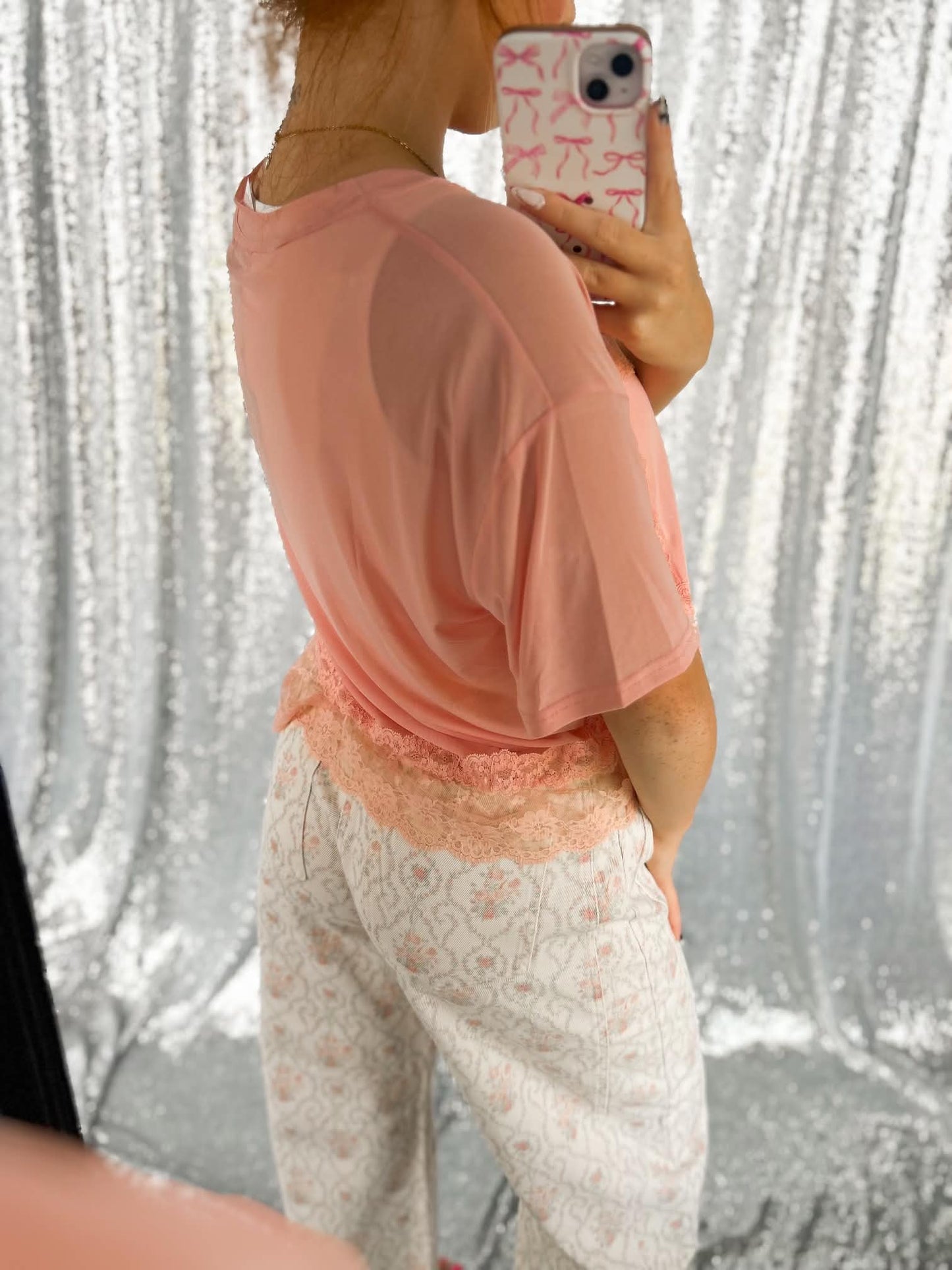 Pink Sheer Lace Babydoll Contrast Top