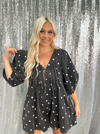 Black Polka Dot Denim Romper