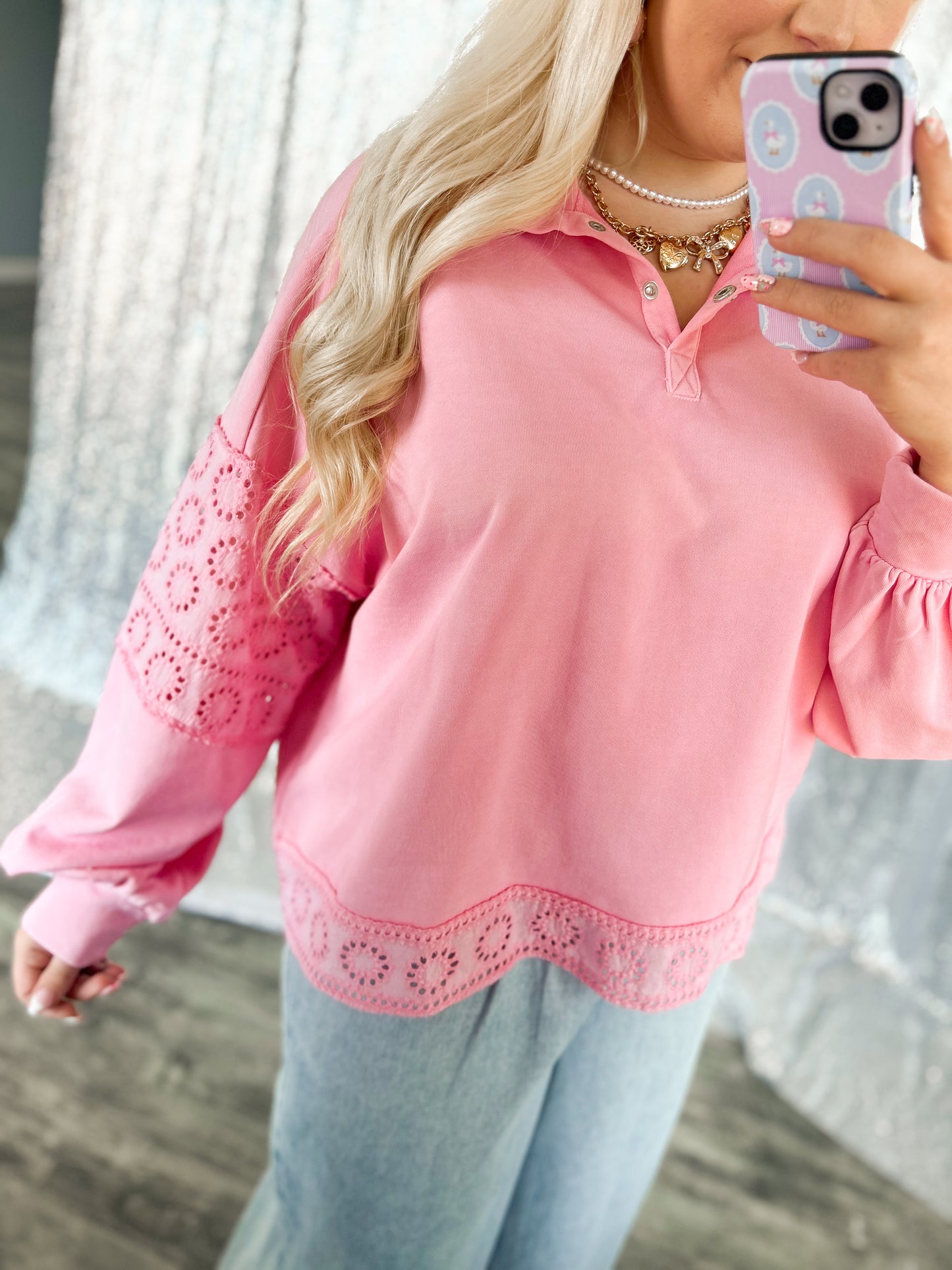 Pink Eyelet Lace Button Top