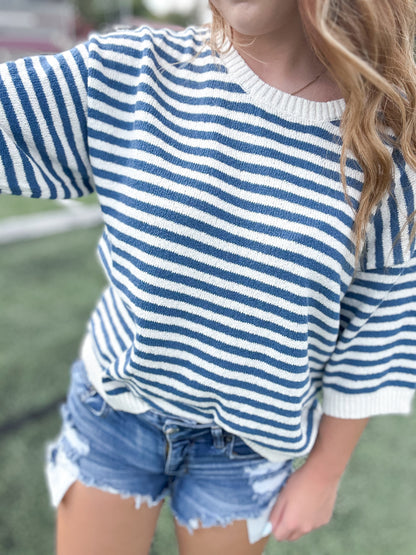 Blue Striped Button Back Knit Top