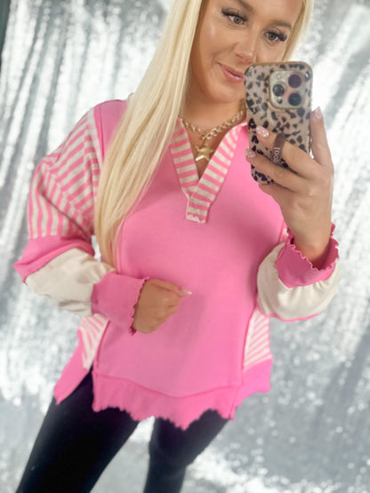 Oversized Pink Striped Colorblock Top