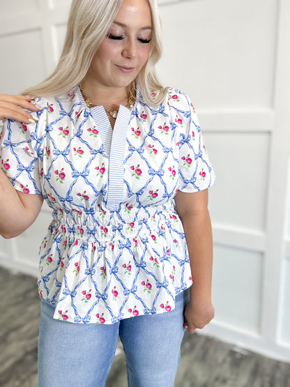 Blue Coquette Bloom Peplum Blouse
