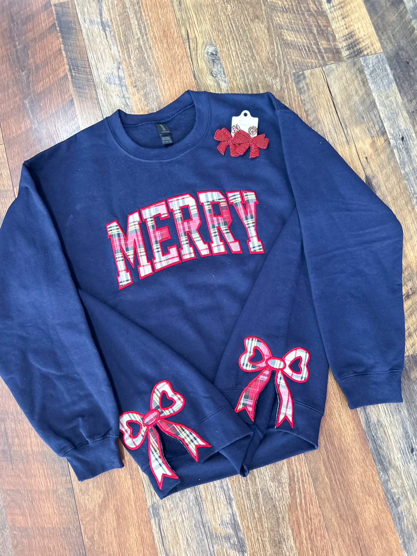 Merry Plaid Sidebow Embroidered Crewneck