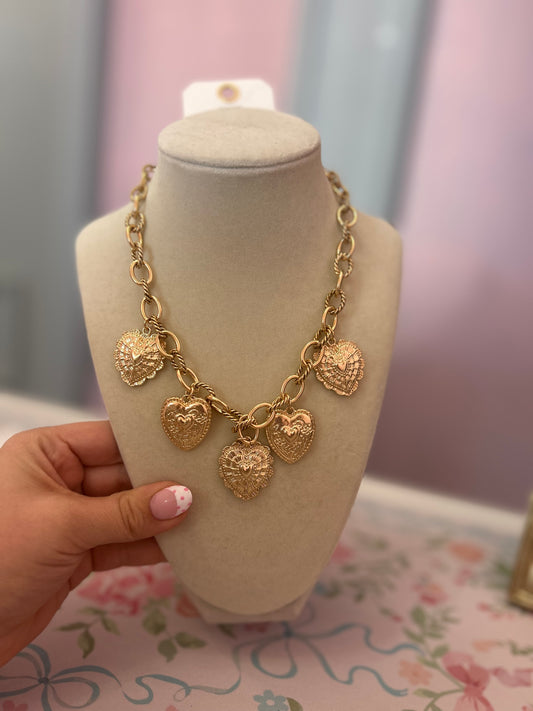 Chunky Gold Multi Heart Charm Necklace