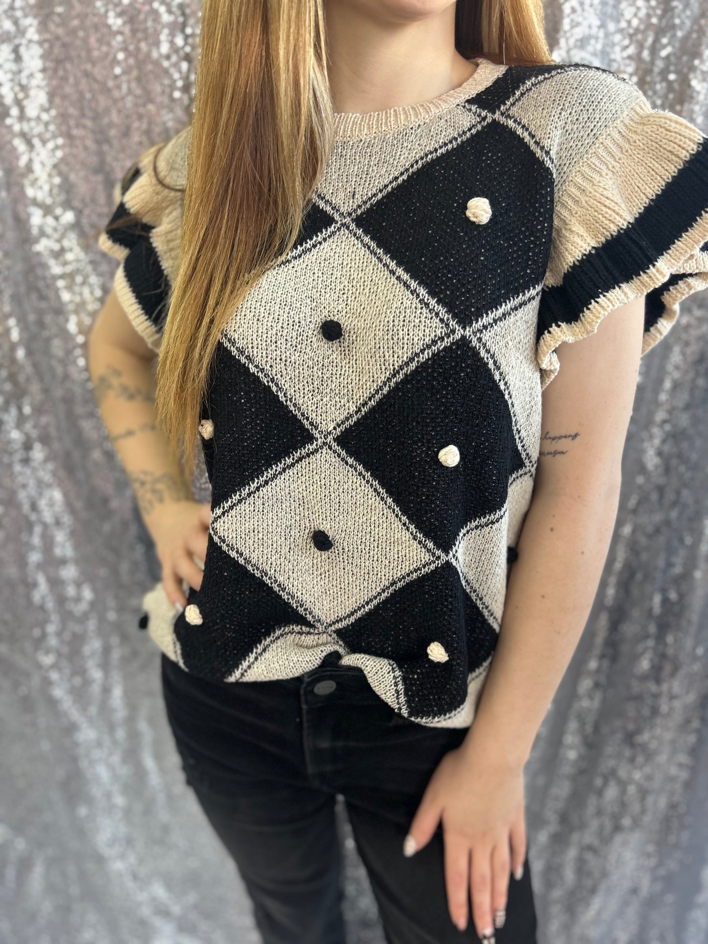 Ivory Check Ruffle Sweater