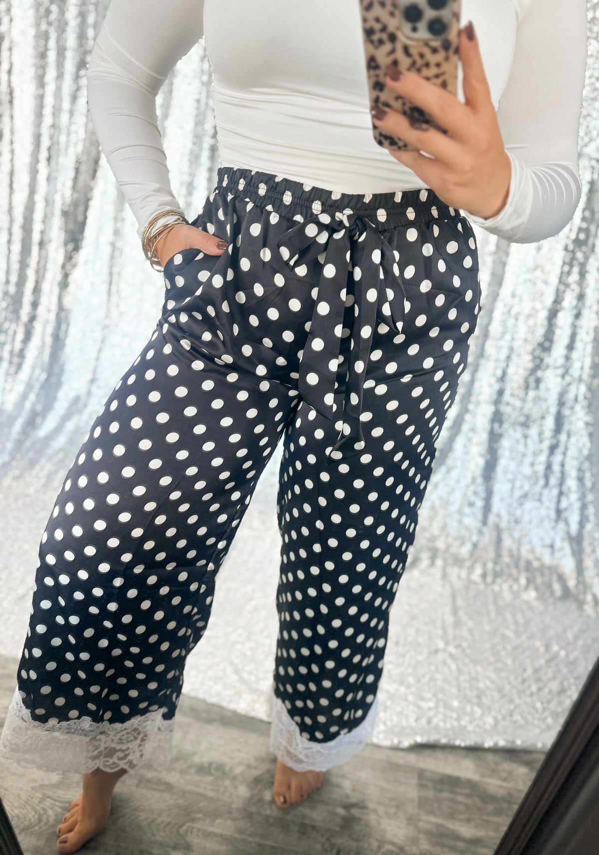 Black Polka Dot Satin Lace Pants