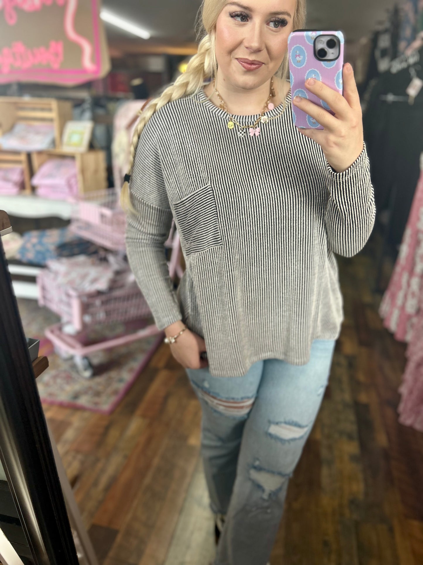 Ribbed Pocket Long-sleeve Tops