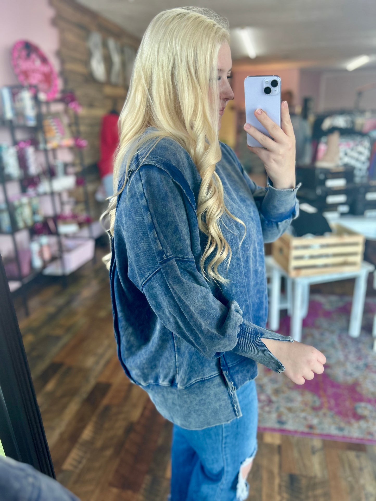 Oversized Acid Wash Crewneck (Navy)