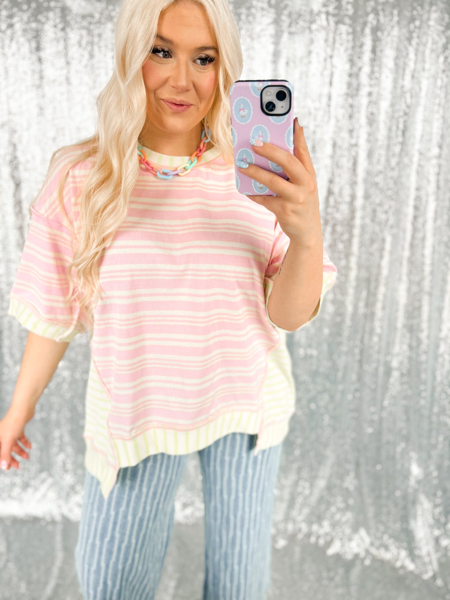 Pink & Lime Striped Oversized Top