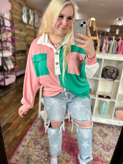 Kelly Green/Pink Oversized Button Top