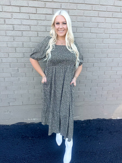 Olive Bloom Ditzy Floral Smocked Maxi