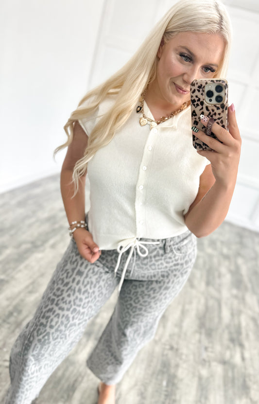 Cream Raw Hem Tank Cardigan