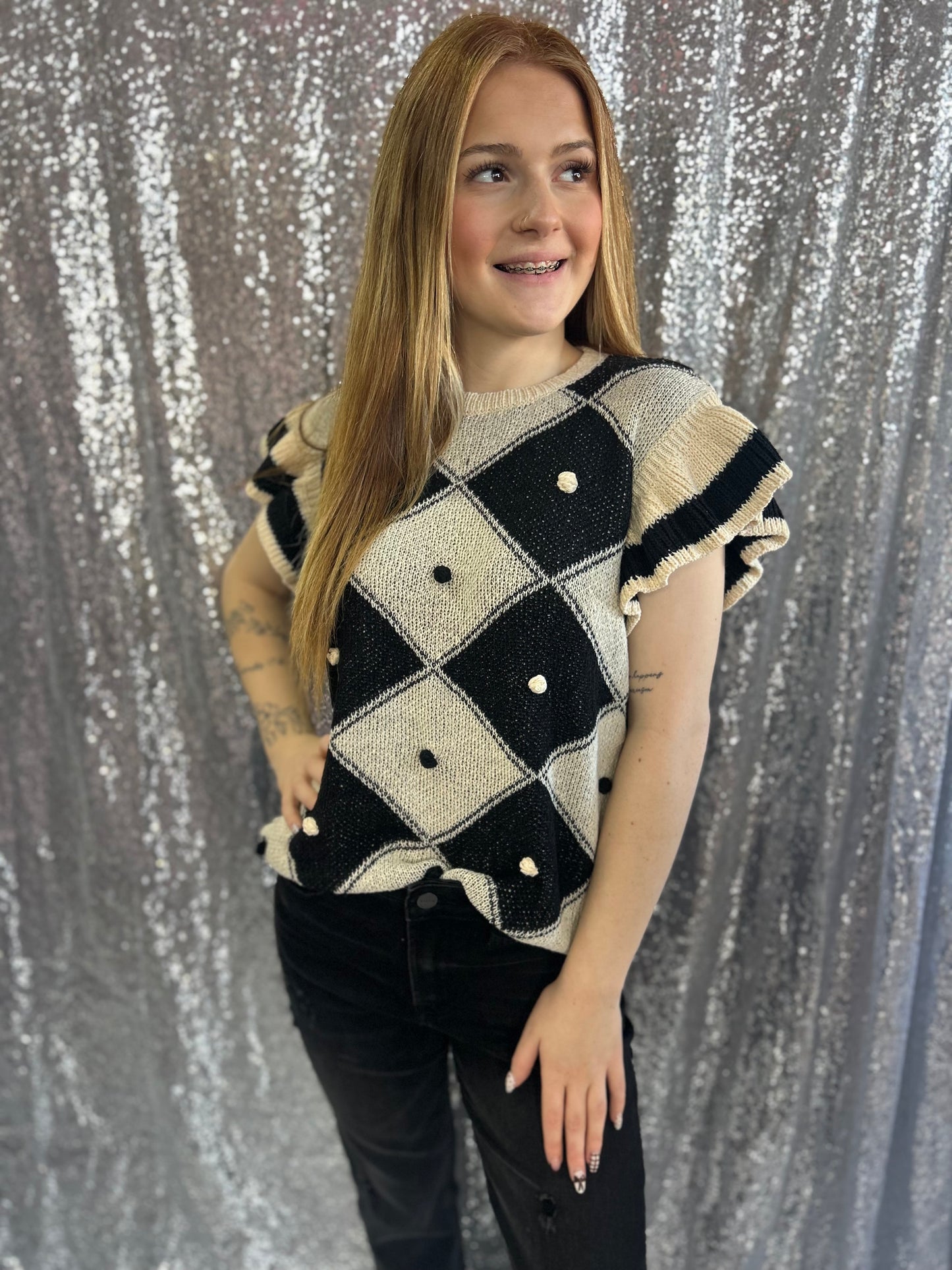 Ivory Check Ruffle Sweater