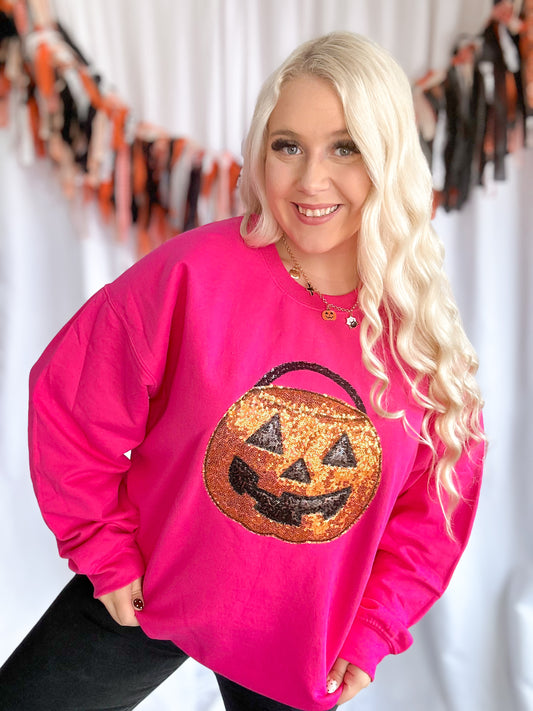 Pink Jack-O-Lantern Embroidered Crewneck