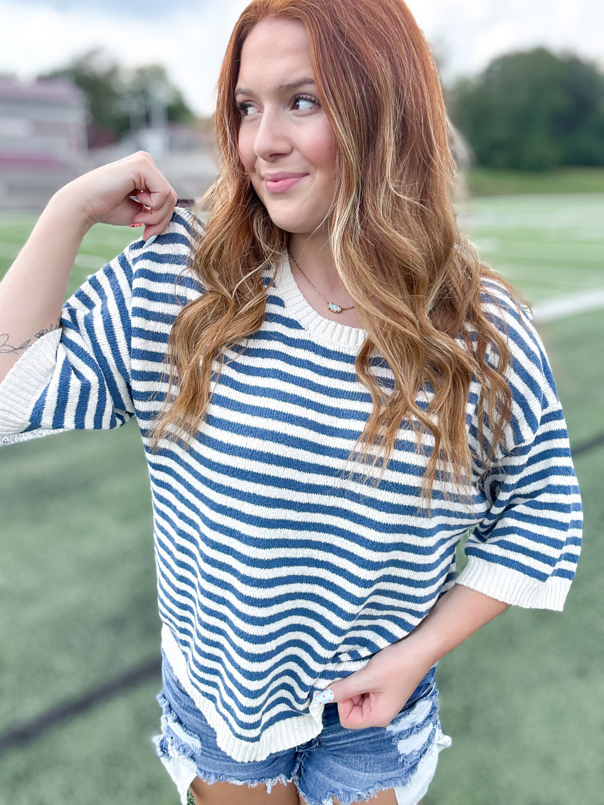 Blue Striped Button Back Knit Top