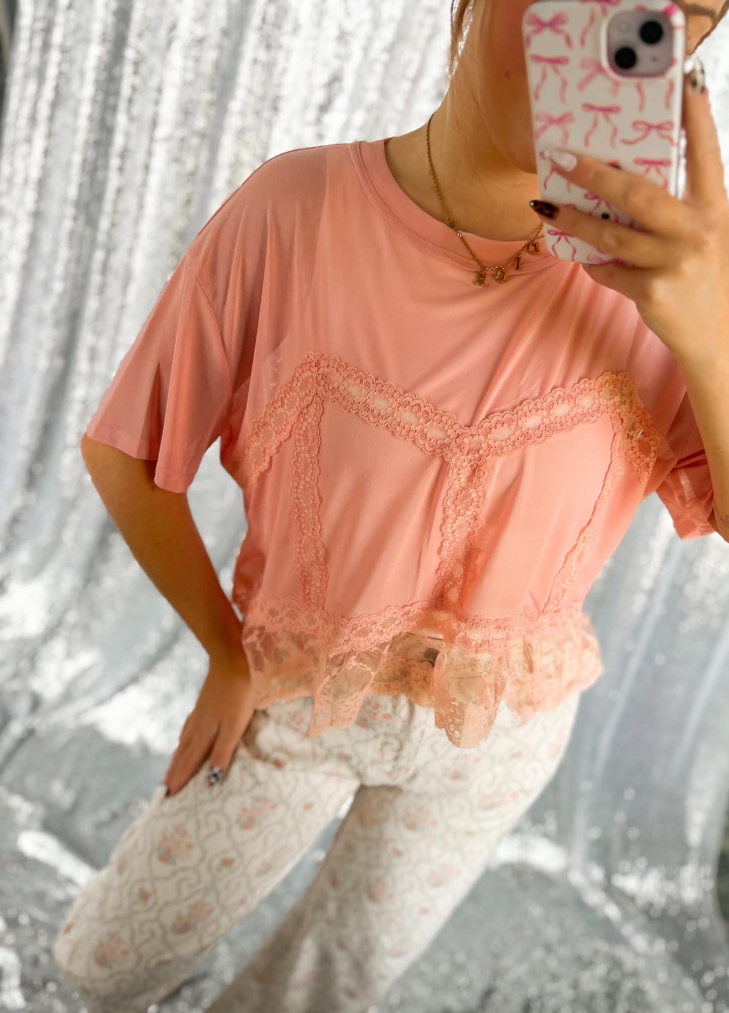 Pink Sheer Lace Babydoll Contrast Top